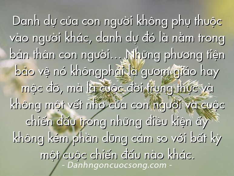 Danh dự của con người không phụ thuộc vào người khác, danh dự đó là nằm trong bản thân con người… Những phương tiện bảo vệ nó khôngphải là gươm giáo hay mộc đỡ, mà là cuộc đời trung thực và không một vết nhơ của con người và cuộc chiến đấu trong những điều kiện ấy không kém phần dũng cảm so với bất kỳ một cuộc chiến đấu nào khác.