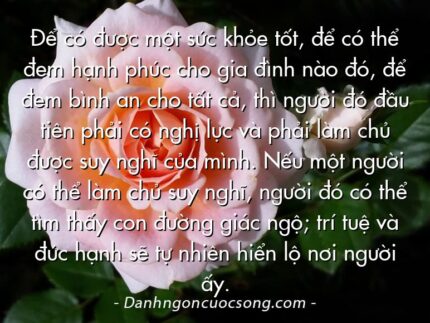 Để có được một sức khỏe tốt, để có thể đem hạnh phúc cho gia đình nào đó, để đem bình an cho tất cả, thì người đó đầu tiên phải có nghị lực và phải làm chủ được suy nghĩ của mình. Nếu một người có thể làm chủ suy nghĩ, người đó có thể tìm thấy con đường giác ngộ; trí tuệ và đức hạnh sẽ tự nhiên hiển lộ nơi người ấy.