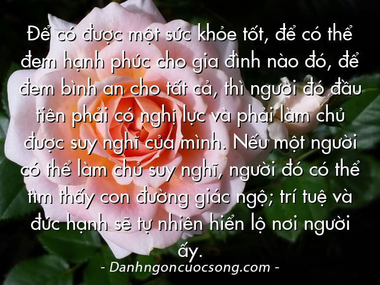 Để có được một sức khỏe tốt, để có thể đem hạnh phúc cho gia đình nào đó, để đem bình an cho tất cả, thì người đó đầu tiên phải có nghị lực và phải làm chủ được suy nghĩ của mình. Nếu một người có thể làm chủ suy nghĩ, người đó có thể tìm thấy con đường giác ngộ; trí tuệ và đức hạnh sẽ tự nhiên hiển lộ nơi người ấy.