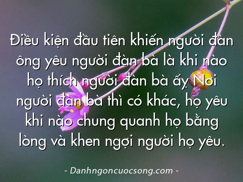 Điều kiện đầu tiên khiến người đàn ông yêu người đàn bà là khi nào họ thích người đàn bà ấỵ Nơi người đàn bà thì có khác, họ yêu khi nào chung quanh họ bằng lòng và khen ngợi người họ yêu.