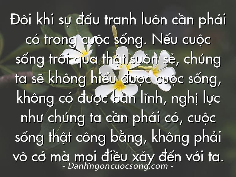 Đôi khi sự đấu tranh luôn cần phải có trong cuộc sống. Nếu cuộc sống trôi qua thật suôn sẻ, chúng ta sẽ không hiểu được cuộc sống, không có được bản lĩnh, nghị lực như chúng ta cần phải có, cuộc sống thật công bằng, không phải vô cớ mà mọi điều xảy đến với ta.