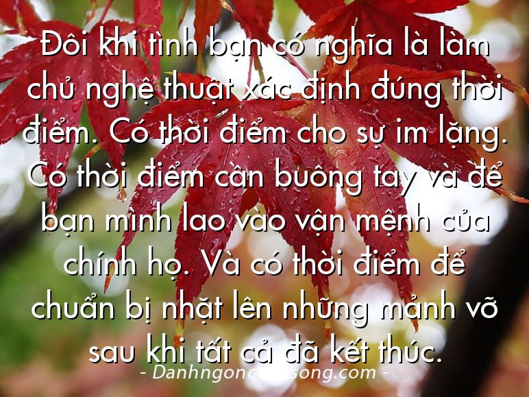 Đôi khi tình bạn có nghĩa là làm chủ nghệ thuật xác định đúng thời điểm. Có thời điểm cho sự im lặng. Có thời điểm cần buông tay và để bạn mình lao vào vận mệnh của chính họ. Và có thời điểm để chuẩn bị nhặt lên những mảnh vỡ sau khi tất cả đã kết thúc.