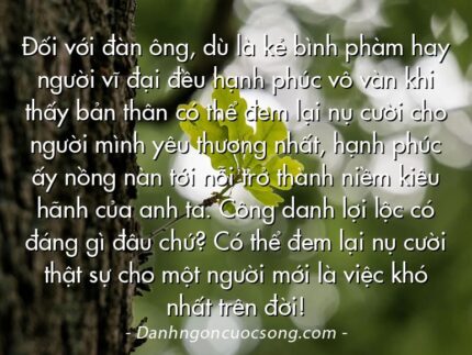 Đối với đàn ông, dù là kẻ bình phàm hay người vĩ đại đều hạnh phúc vô vàn khi thấy bản thân có thể đem lại nụ cười cho người mình yêu thương nhất, hạnh phúc ấy nồng nàn tới nỗi trở thành niềm kiêu hãnh của anh ta. Công danh lợi lộc có đáng gì đâu chứ? Có thể đem lại nụ cười thật sự cho một người mới là việc khó nhất trên đời!