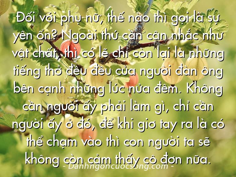 Đối với phụ nữ, thế nào thì gọi là sự yên ổn? Ngoài thứ cần cân nhắc như vật chất, thì có lẽ chỉ còn lại là những tiếng thở đều đều của người đàn ông bên cạnh những lúc nửa đêm. Không cần người ấy phải làm gì, chỉ cần người ấy ở đó, để khi giơ tay ra là có thể chạm vào thì con người ta sẽ không còn cảm thấy cô đơn nữa.
