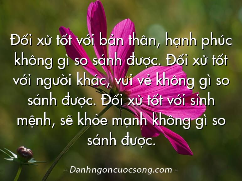 Đối xử tốt với bản thân, hạnh phúc không gì so sánh được. Đối xử tốt với người khác, vui vẻ không gì so sánh được. Đối xử tốt với sinh mệnh, sẽ khỏe mạnh không gì so sánh được.
