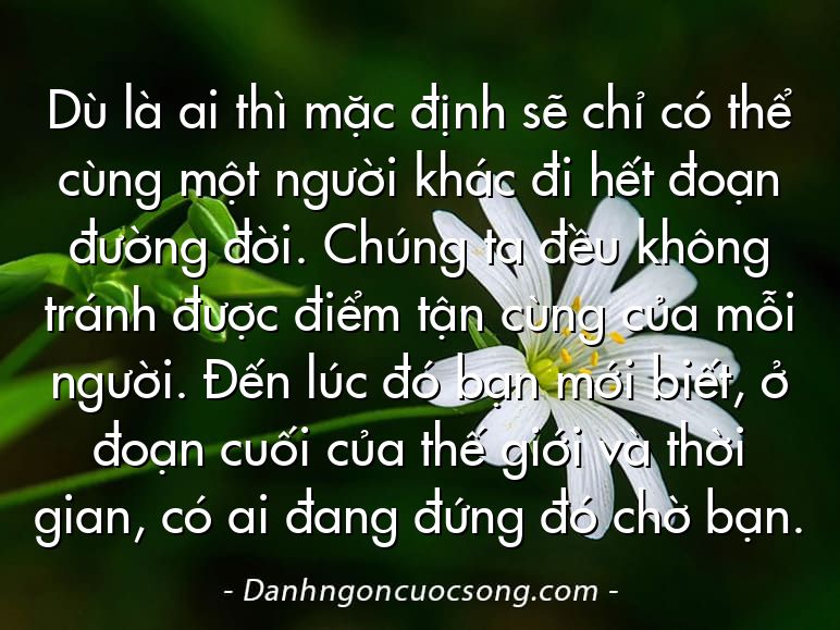 Dù là ai thì mặc định sẽ chỉ có thể cùng một người khác đi hết đoạn đường đời. Chúng ta đều không tránh được điểm tận cùng của mỗi người. Đến lúc đó bạn mới biết, ở đoạn cuối của thế giới và thời gian, có ai đang đứng đó chờ bạn.