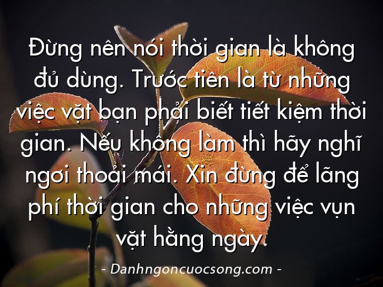 Đừng nên nói thời gian là không đủ dùng. Trước tiên là từ những việc vặt bạn phải biết tiết kiệm thời gian. Nếu không làm thì hãy nghĩ ngơi thoải mái. Xin đừng để lãng phí thời gian cho những việc vụn vặt hằng ngày.