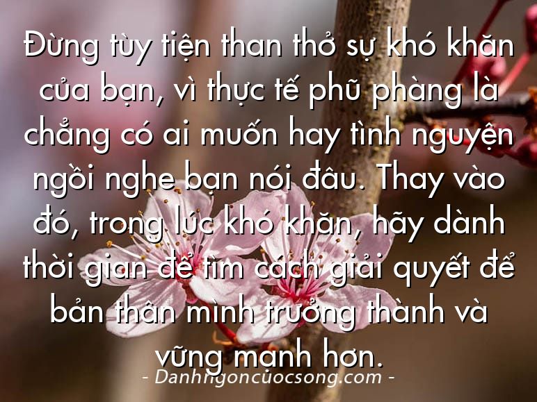 Đừng tùy tiện than thở sự khó khăn của bạn, vì thực tế phũ phàng là chẳng có ai muốn hay tình nguyện ngồi nghe bạn nói đâu. Thay vào đó, trong lúc khó khăn, hãy dành thời gian để tìm cách giải quyết để bản thân mình trưởng thành và vững mạnh hơn.