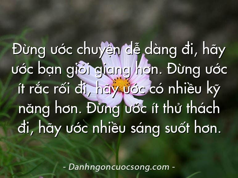 Đừng ước chuyện dễ dàng đi, hãy ước bạn giỏi giang hơn. Đừng ước ít rắc rối đi, hãy ước có nhiều kỹ năng hơn. Đừng ước ít thử thách đi, hãy ước nhiều sáng suốt hơn.