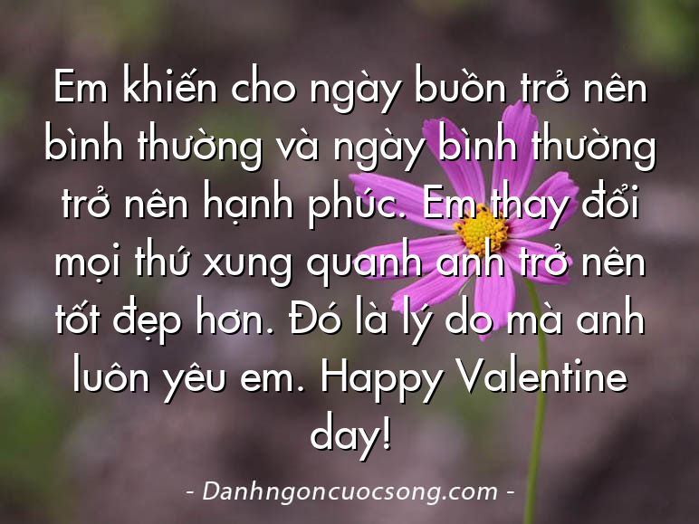 Em khiến cho ngày buồn trở nên bình thường và ngày bình thường trở nên hạnh phúc. Em thay đổi mọi thứ xung quanh anh trở nên tốt đẹp hơn. Đó là lý do mà anh luôn yêu em. Happy Valentine day!