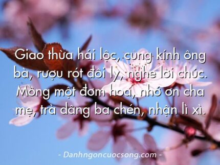 Giao thừa hái lộc, cung kính ông bà, rượu rót đôi ly, nghe lời chúc. Mồng một đơm hoa, nhớ ơn cha mẹ, trà dâng ba chén, nhận lì xì.