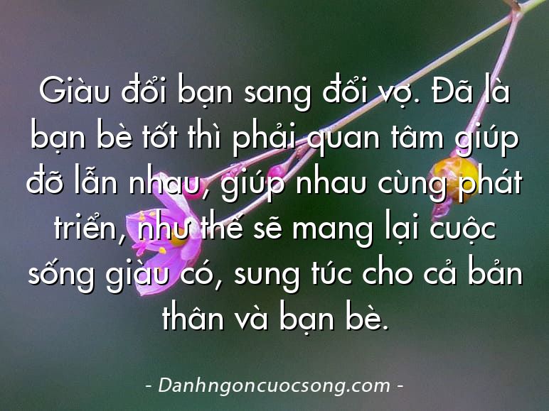 Giàu đổi bạn sang đổi vợ. Đã là bạn bè tốt thì phải quan tâm giúp đỡ lẫn nhau, giúp nhau cùng phát triển, như thế sẽ mang lại cuộc sống giàu có, sung túc cho cả bản thân và bạn bè.