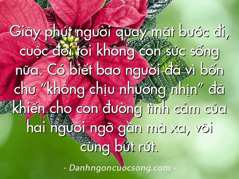Giây phút người quay mặt bước đi, cuộc đời tôi không còn sức sống nữa. Có biết bao người đã vì bốn chữ “không chịu nhường nhịn” đã khiến cho con đường tình cảm của hai người ngỡ gần mà xa, vôi cùng bứt rứt.