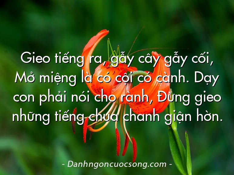 Gieo tiếng ra, gẫy cây gẫy cối, Mở miệng là có cội có cành. Dạy con phải nói cho rành, Đừng gieo những tiếng chua chanh giận hờn.