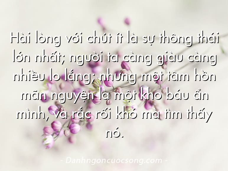 Hài lòng với chút ít là sự thông thái lớn nhất; người ta càng giàu càng nhiều lo lắng; nhưng một tâm hồn mãn nguyện là một kho báu ẩn mình, và rắc rối khó mà tìm thấy nó.