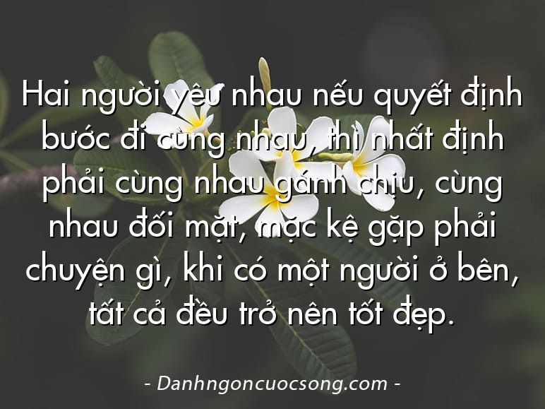 Hai người yêu nhau nếu quyết định bước đi cùng nhau, thì nhất định phải cùng nhau gánh chịu, cùng nhau đối mặt, mặc kệ gặp phải chuyện gì, khi có một người ở bên, tất cả đều trở nên tốt đẹp.