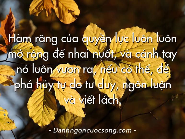 Hàm răng của quyền lực luôn luôn mở rộng để nhai nuốt, và cánh tay nó luôn vươn ra, nếu có thể, để phá hủy tự do tư duy, ngôn luận và viết lách.