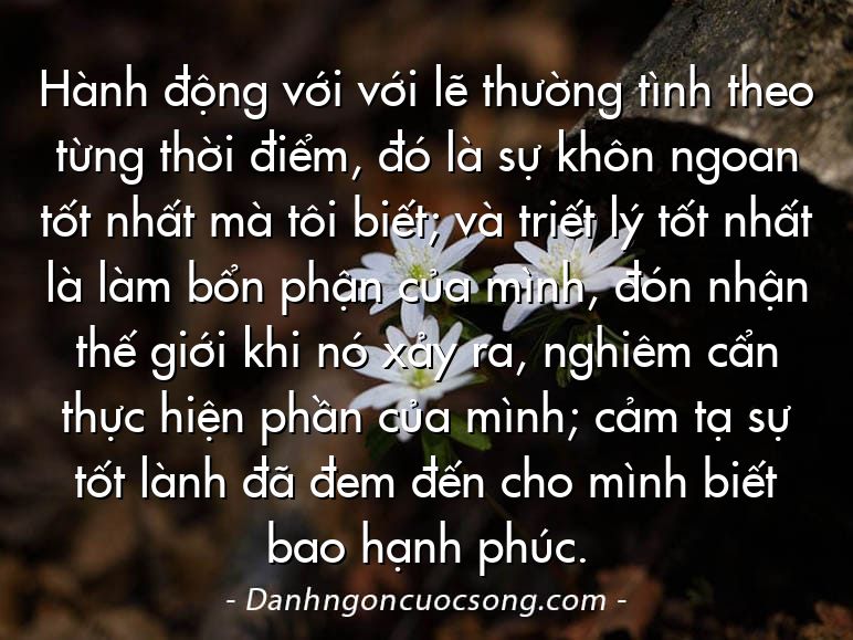 Hành động với với lẽ thường tình theo từng thời điểm, đó là sự khôn ngoan tốt nhất mà tôi biết; và triết lý tốt nhất là làm bổn phận của mình, đón nhận thế giới khi nó xảy ra, nghiêm cẩn thực hiện phần của mình; cảm tạ sự tốt lành đã đem đến cho mình biết bao hạnh phúc.