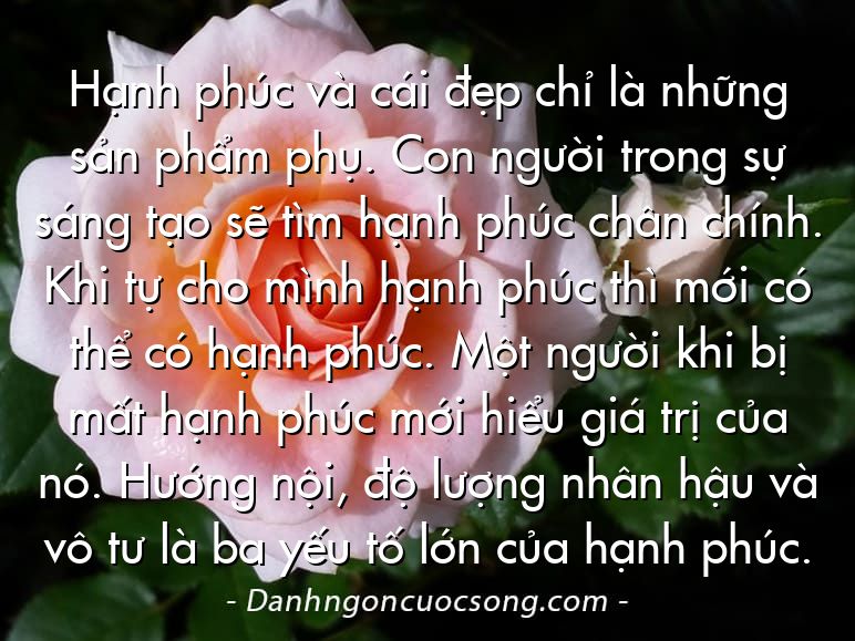 Hạnh phúc và cái đẹp chỉ là những sản phẩm phụ. Con người trong sự sáng tạo sẽ tìm hạnh phúc chân chính. Khi tự cho mình hạnh phúc thì mới có thể có hạnh phúc. Một người khi bị mất hạnh phúc mới hiểu giá trị của nó. Hướng nội, độ lượng nhân hậu và vô tư là ba yếu tố lớn của hạnh phúc.
