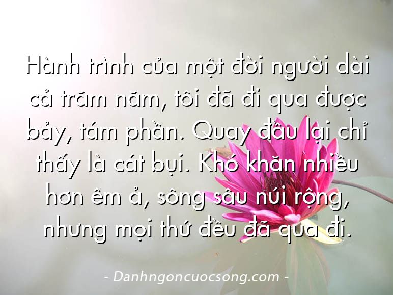 Hành trình của một đời người dài cả trăm năm, tôi đã đi qua được bảy, tám phần. Quay đầu lại chỉ thấy là cát bụi. Khó khăn nhiều hơn êm ả, sông sâu núi rộng, nhưng mọi thứ đều đã qua đi.