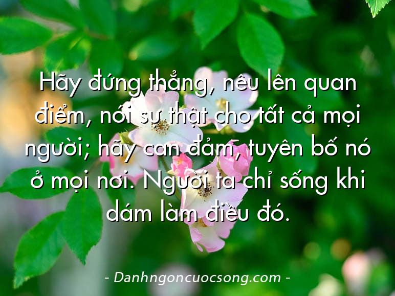 Hãy đứng thẳng, nêu lên quan điểm, nói sự thật cho tất cả mọi người; hãy can đảm, tuyên bố nó ở mọi nơi. Người ta chỉ sống khi dám làm điều đó.