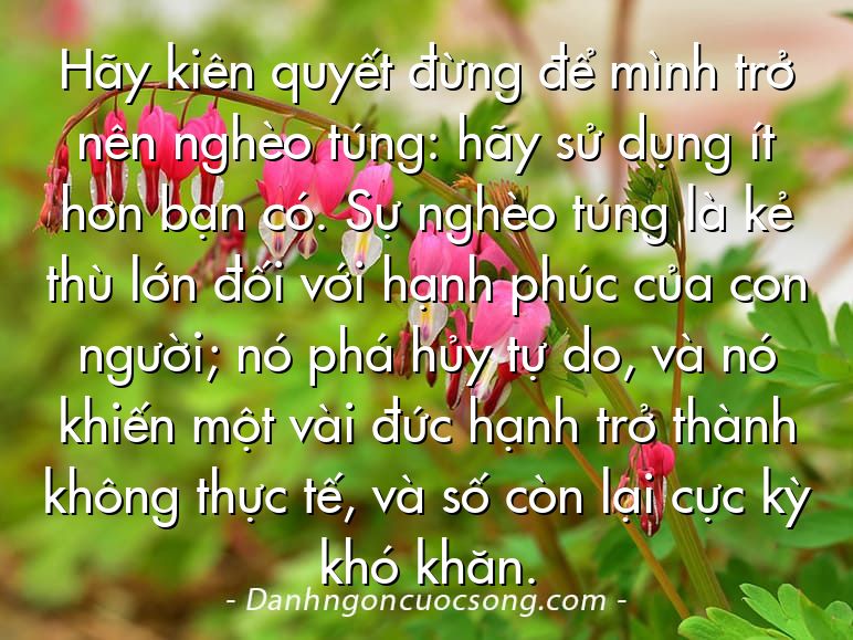 Hãy kiên quyết đừng để mình trở nên nghèo túng: hãy sử dụng ít hơn bạn có. Sự nghèo túng là kẻ thù lớn đối với hạnh phúc của con người; nó phá hủy tự do, và nó khiến một vài đức hạnh trở thành không thực tế, và số còn lại cực kỳ khó khăn.