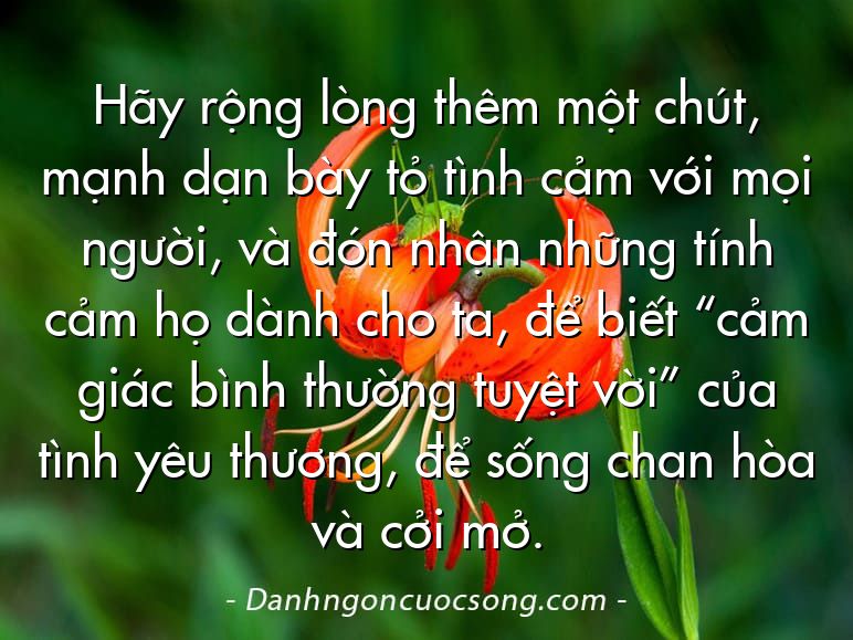 Hãy rộng lòng thêm một chút, mạnh dạn bày tỏ tình cảm với mọi người, và đón nhận những tính cảm họ dành cho ta, để biết “cảm giác bình thường tuyệt vời” của tình yêu thương, để sống chan hòa và cởi mở.