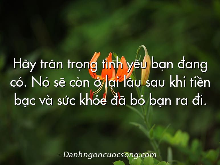 Hãy trân trọng tình yêu bạn đang có. Nó sẽ còn ở lại lâu sau khi tiền bạc và sức khỏe đã bỏ bạn ra đi.