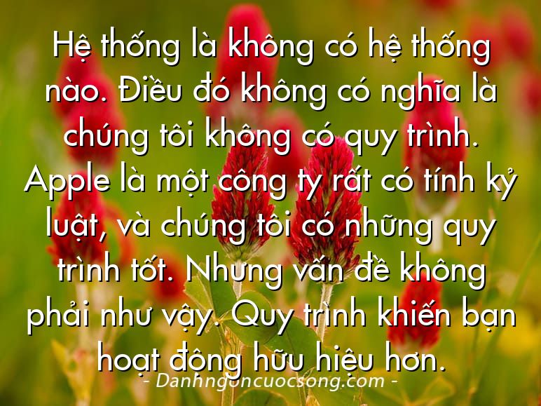 Hệ thống là không có hệ thống nào. Điều đó không có nghĩa là chúng tôi không có quy trình. Apple là một công ty rất có tính kỷ luật, và chúng tôi có những quy trình tốt. Nhưng vấn đề không phải như vậy. Quy trình khiến bạn hoạt động hữu hiệu hơn.