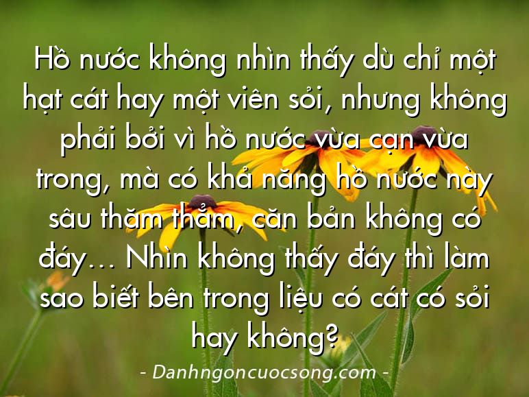 Hồ nước không nhìn thấy dù chỉ một hạt cát hay một viên sỏi, nhưng không phải bởi vì hồ nước vừa cạn vừa trong, mà có khả năng hồ nước này sâu thăm thẳm, căn bản không có đáy… Nhìn không thấy đáy thì làm sao biết bên trong liệu có cát có sỏi hay không?