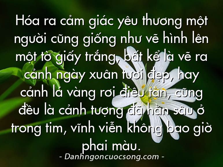 Hóa ra cảm giác yêu thương một người cũng giống như vẽ hình lên một tờ giấy trắng, bất kể là vẽ ra cảnh ngày xuân tươi đẹp, hay cảnh lá vàng rơi điêu tàn, cũng đều là cảnh tượng đã hằn sâu ở trong tim, vĩnh viễn không bao giờ phai màu.
