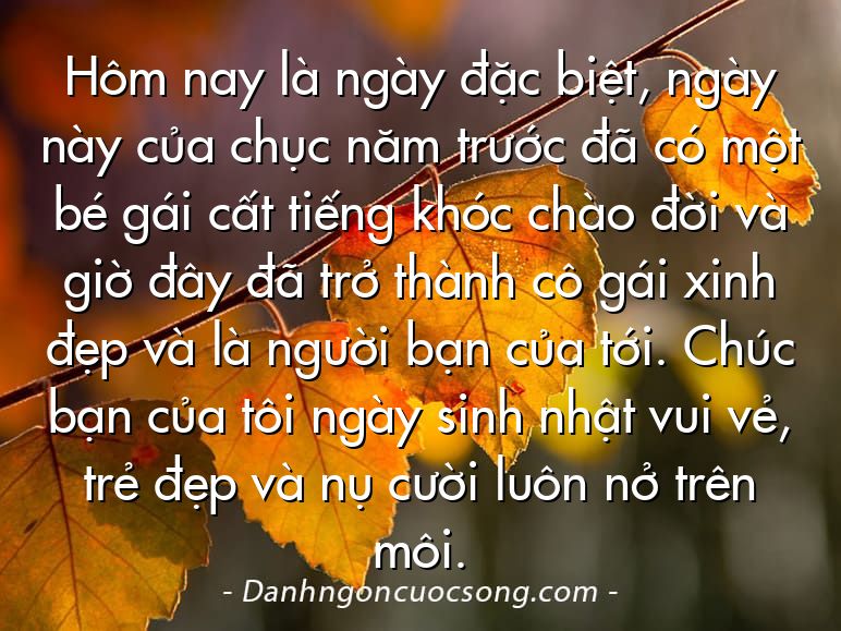Hôm nay là ngày đặc biệt, ngày này của chục năm trước đã có một bé gái cất tiếng khóc chào đời và giờ đây đã trở thành cô gái xinh đẹp và là người bạn của tới. Chúc bạn của tôi ngày sinh nhật vui vẻ, trẻ đẹp và nụ cười luôn nở trên môi.