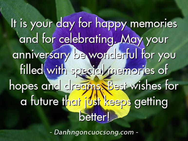 It is your day for happy memories and for celebrating. May your anniversary be wonderful for you filled with special memories of hopes and dreams. Best wishes for a future that just keeps getting better!