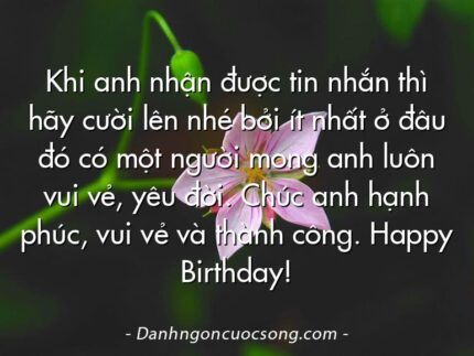 Khi anh nhận được tin nhắn thì hãy cười lên nhé bởi ít nhất ở đâu đó có một người mong anh luôn vui vẻ, yêu đời. Chúc anh hạnh phúc, vui vẻ và thành công. Happy Birthday!
