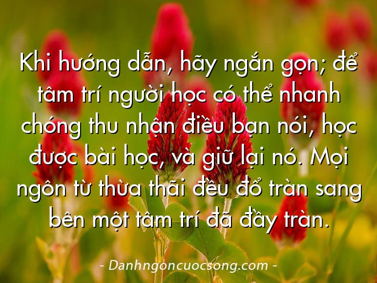 Khi hướng dẫn, hãy ngắn gọn; để tâm trí người học có thể nhanh chóng thu nhận điều bạn nói, học được bài học, và giữ lại nó. Mọi ngôn từ thừa thãi đều đổ tràn sang bên một tâm trí đã đầy tràn.