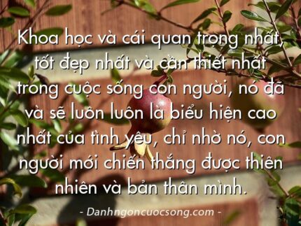 Khoa học và cái quan trọng nhất, tốt đẹp nhất và cần thiết nhất trong cuộc sống con người, nó đã và sẽ luôn luôn là biểu hiện cao nhất của tình yêu, chỉ nhờ nó, con người mới chiến thắng được thiên nhiên và bản thân mình.