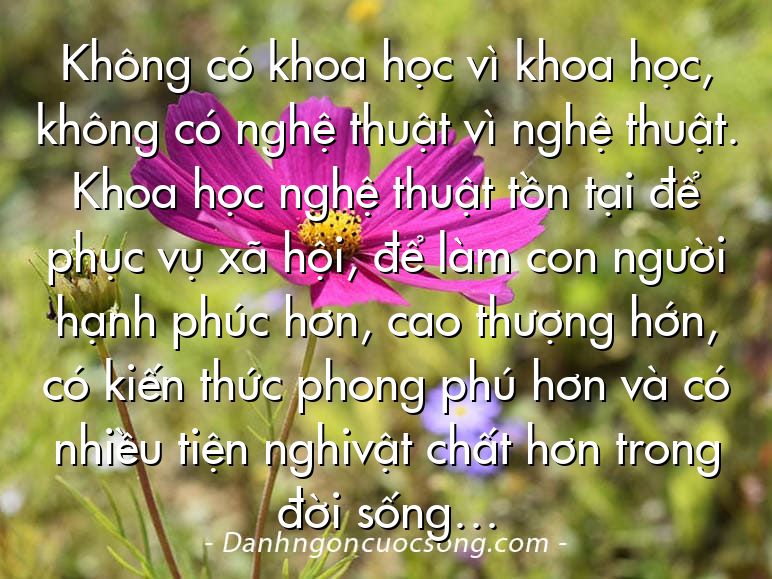 Không có khoa học vì khoa học, không có nghệ thuật vì nghệ thuật. Khoa học nghệ thuật tồn tại để phục vụ xã hội, để làm con người hạnh phúc hơn, cao thượng hớn, có kiến thức phong phú hơn và có nhiều tiện nghivật chất hơn trong đời sống…