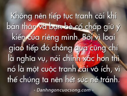 Không nên tiếp tục tranh cãi khi bản thân và bạn bè cố chấp giữ ý kiến của riêng mình. Bởi vì loại giao tiếp đó chẳng qua cũng chỉ là nghĩa vụ, nói chính xác hơn thì nó là một cuộc tranh cãi vô ích, vì thế chúng ta nên hết sức né tránh.