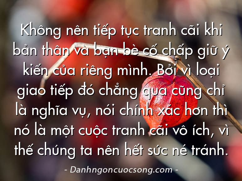 Không nên tiếp tục tranh cãi khi bản thân và bạn bè cố chấp giữ ý kiến của riêng mình. Bởi vì loại giao tiếp đó chẳng qua cũng chỉ là nghĩa vụ, nói chính xác hơn thì nó là một cuộc tranh cãi vô ích, vì thế chúng ta nên hết sức né tránh.