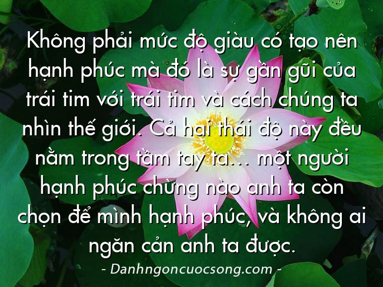 Không phải mức độ giàu có tạo nên hạnh phúc mà đó là sự gần gũi của trái tim với trái tim và cách chúng ta nhìn thế giới. Cả hai thái độ này đều nằm trong tầm tay ta… một người hạnh phúc chừng nào anh ta còn chọn để mình hạnh phúc, và không ai ngăn cản anh ta được.