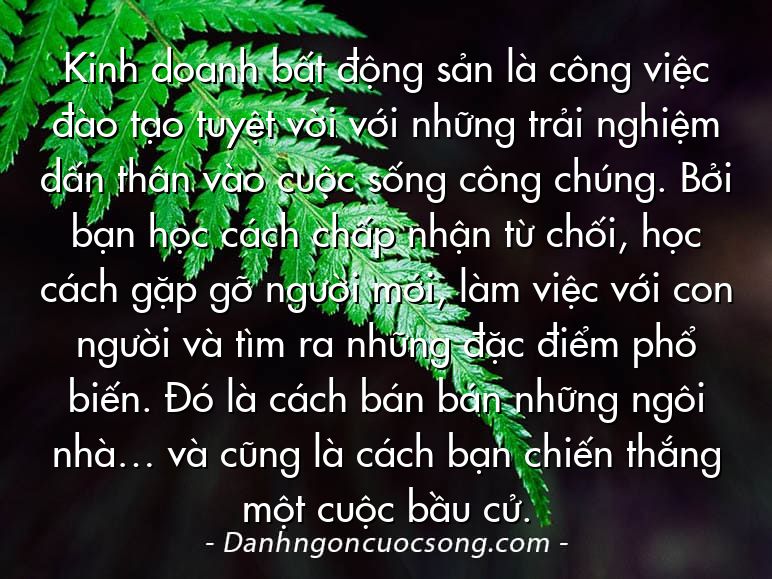 Kinh doanh bất động sản là công việc đào tạo tuyệt vời với những trải nghiệm dấn thân vào cuộc sống công chúng. Bởi bạn học cách chấp nhận từ chối, học cách gặp gỡ người mới, làm việc với con người và tìm ra những đặc điểm phổ biến. Đó là cách bán bán những ngôi nhà… và cũng là cách bạn chiến thắng một cuộc bầu cử.