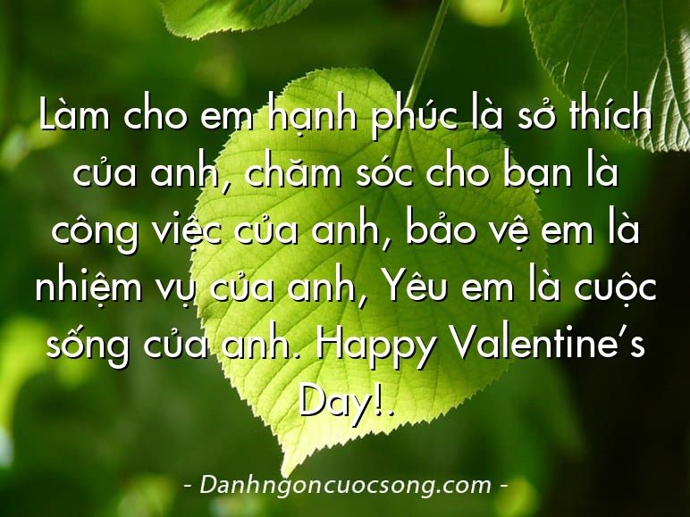 Làm cho em hạnh phúc là sở thích của anh, chăm sóc cho bạn là công việc của anh, bảo vệ em là nhiệm vụ của anh, Yêu em là cuộc sống của anh. Happy Valentine’s Day!.
