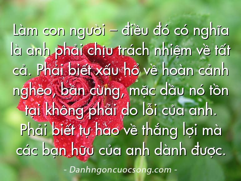 Làm con người – điều đó có nghĩa là anh phải chịu trách nhiệm về tất cả. Phải biết xấu hổ về hoàn cảnh nghèo, bần cùng, mặc dầu nó tồn tại không phải do lỗi của anh. Phải biết tự hào về thắng lợi mà các bạn hữu của anh dành được.