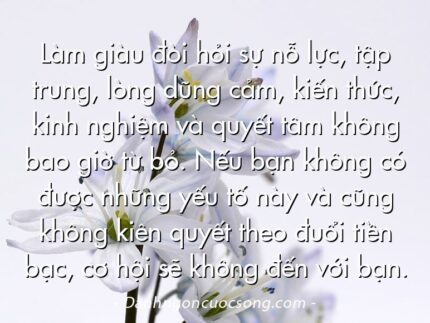Làm giàu đòi hỏi sự nỗ lực, tập trung, lòng dũng cảm, kiến thức, kinh nghiệm và quyết tâm không bao giờ từ bỏ. Nếu bạn không có được những yếu tố này và cũng không kiên quyết theo đuổi tiền bạc, cơ hội sẽ không đến với bạn.