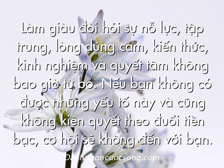 Làm giàu đòi hỏi sự nỗ lực, tập trung, lòng dũng cảm, kiến thức, kinh nghiệm và quyết tâm không bao giờ từ bỏ. Nếu bạn không có được những yếu tố này và cũng không kiên quyết theo đuổi tiền bạc, cơ hội sẽ không đến với bạn.