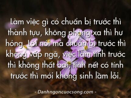 Làm việc gì có chuẩn bị trước thì thành tựu, không phòng xa thì hư hỏng. Lời nói mà chuẩn bị trước thì không vấp ngã, việc làm tính trước thì không thất bại, tính nết có tính trước thì mới không sinh lầm lỗi.