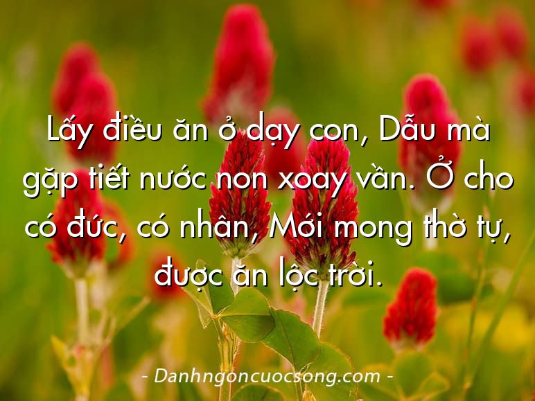 Lấy điều ăn ở dạy con, Dẫu mà gặp tiết nước non xoay vần. Ở cho có đức, có nhân, Mới mong thờ tự, được ăn lộc trời.