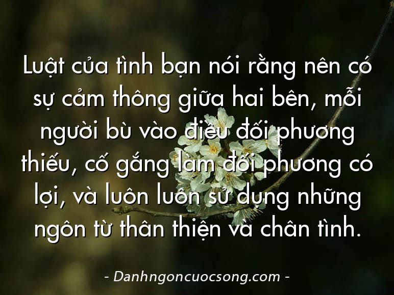 Luật của tình bạn nói rằng nên có sự cảm thông giữa hai bên, mỗi người bù vào điều đối phương thiếu, cố gắng làm đối phương có lợi, và luôn luôn sử dụng những ngôn từ thân thiện và chân tình.