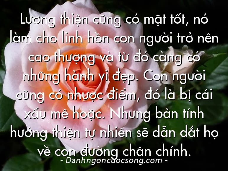 Lương thiện cũng có mặt tốt, nó làm cho linh hồn con người trở nên cao thượng và từ đó càng có những hành vi đẹp. Con người cũng có nhược điểm, đó là bị cái xấu mê hoặc. Nhưng bản tính hướng thiện tự nhiên sẽ dẫn dắt họ về con đường chân chính.