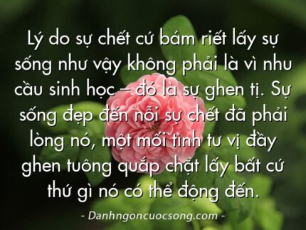 Lý do sự chết cứ bám riết lấy sự sống như vậy không phải là vì nhu cầu sinh học – đó là sự ghen tị. Sự sống đẹp đến nỗi sự chết đã phải lòng nó, một mối tình tư vị đầy ghen tuông quắp chặt lấy bất cứ thứ gì nó có thể động đến.
